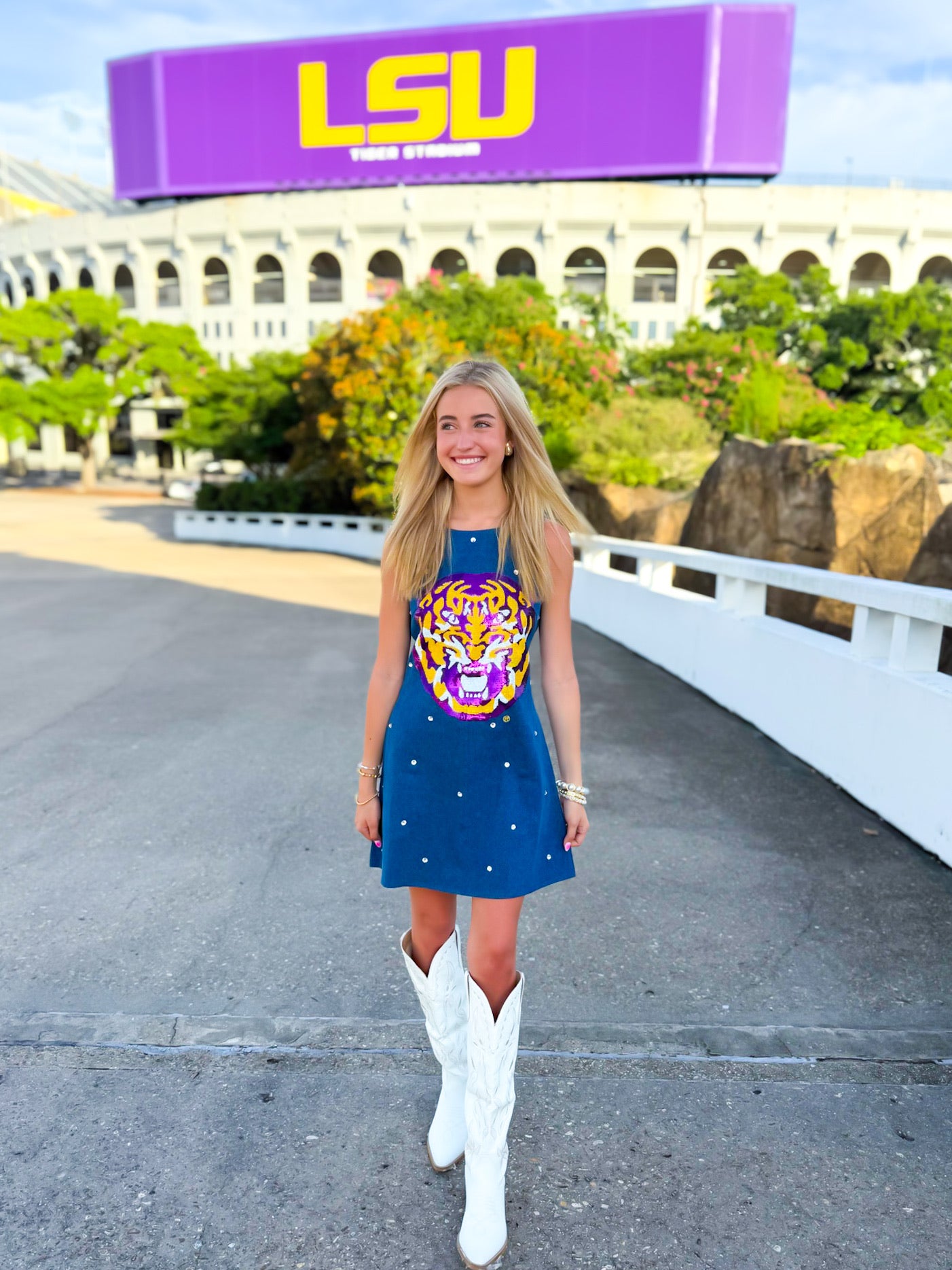 QOS Licensed LSU Scattered Jewel Denim Sequin Mascot Tank Dress