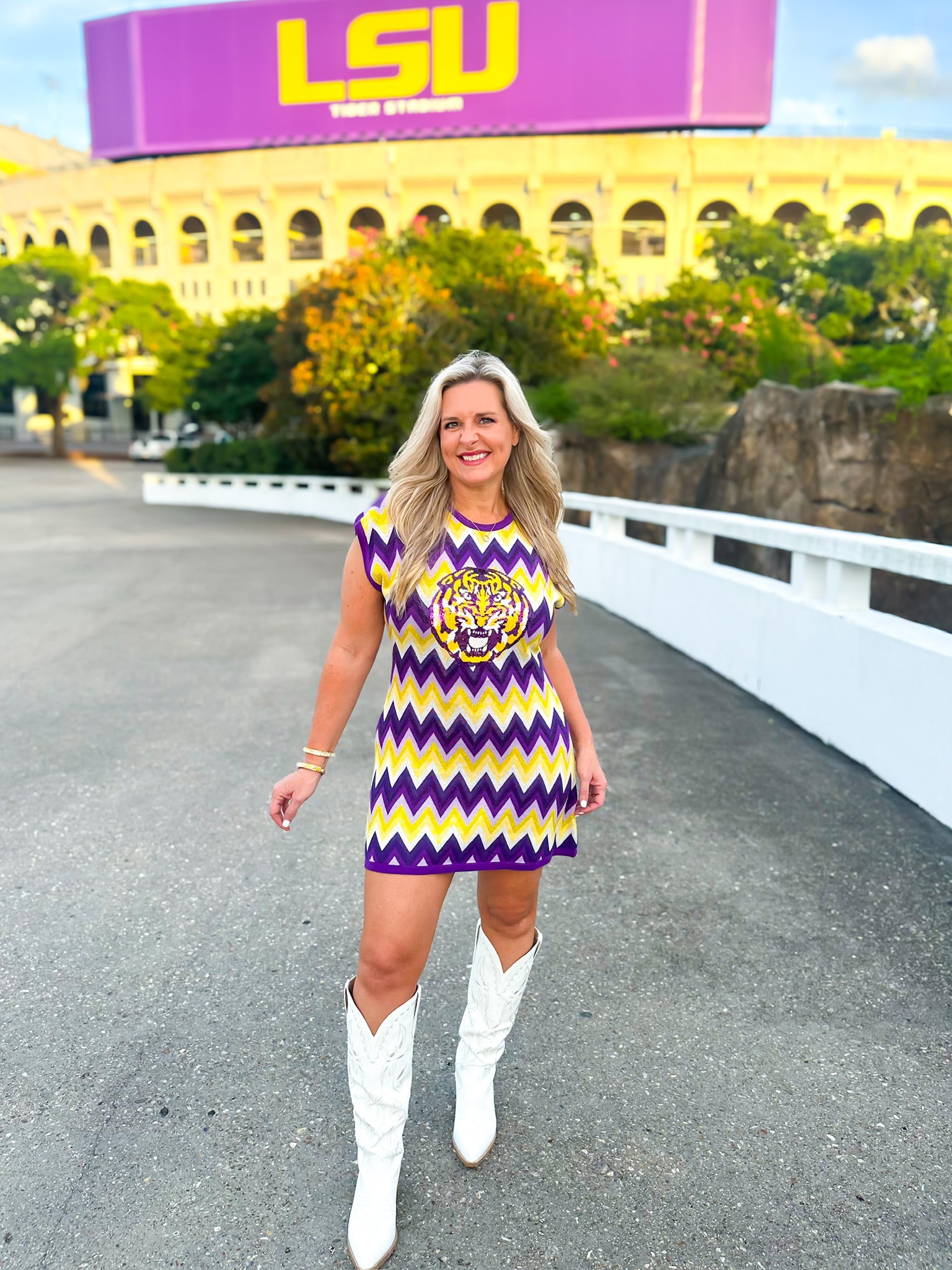 QOS Licensed LSU Zig Zag Mascot Knit Short Sleeve Dress