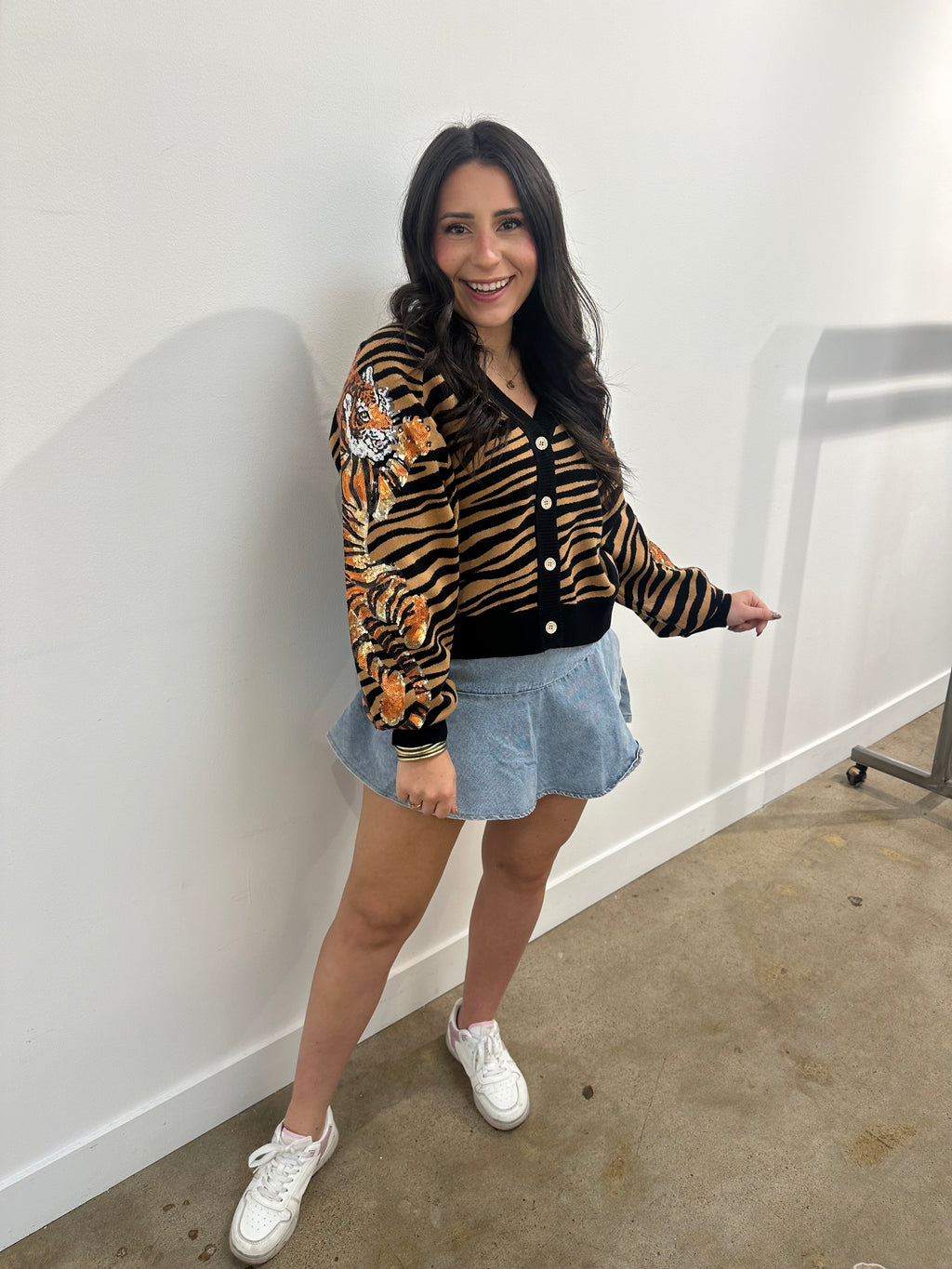 QOS Black & Tan Tiger Stripe Button Up Cardigan With Crawling Tigers