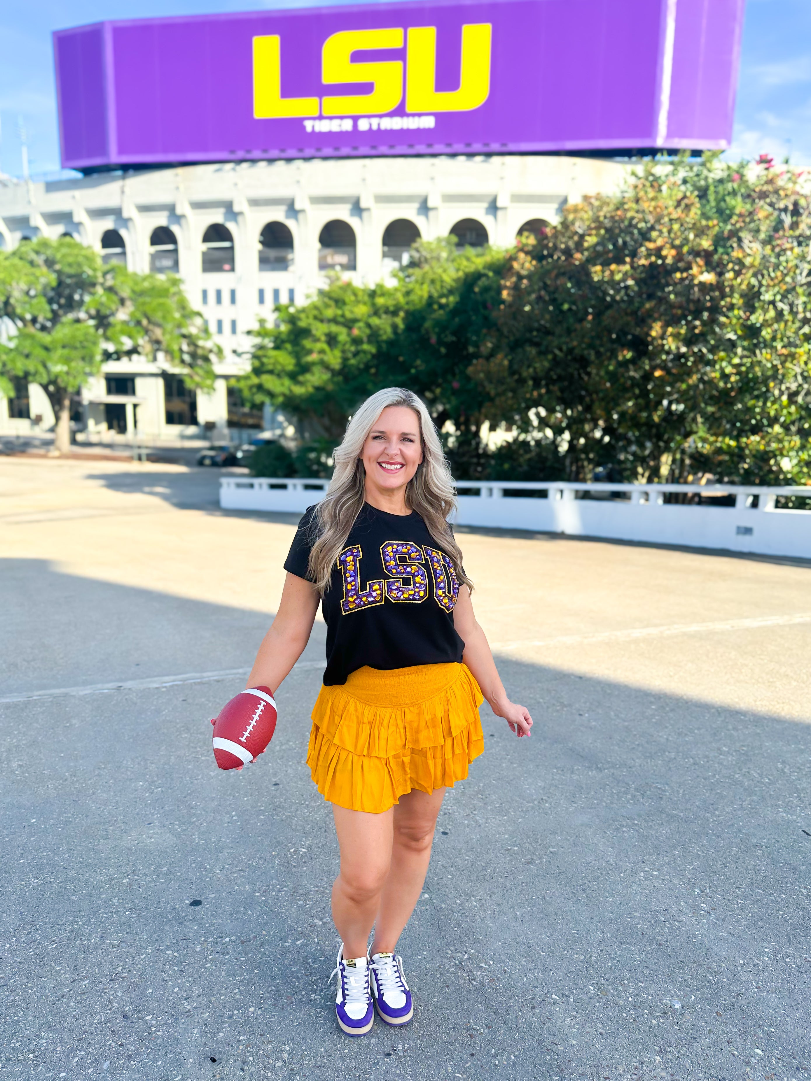 QOS LSU Black Multi Jewel Letter Tee