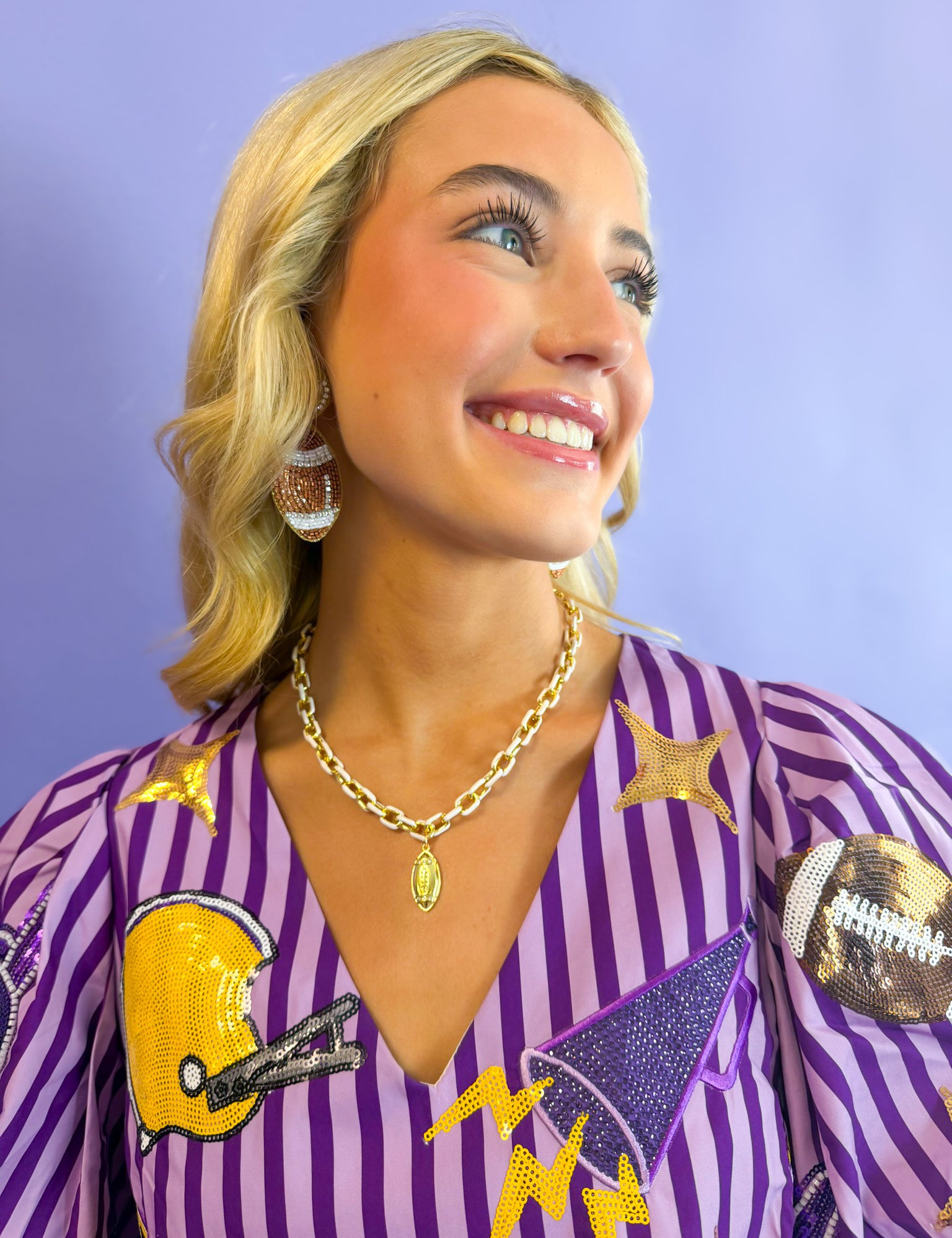 QOS Licensed LSU Striped Sparkle Gameday Bubble Sleeve Cotton Ruffle Top
