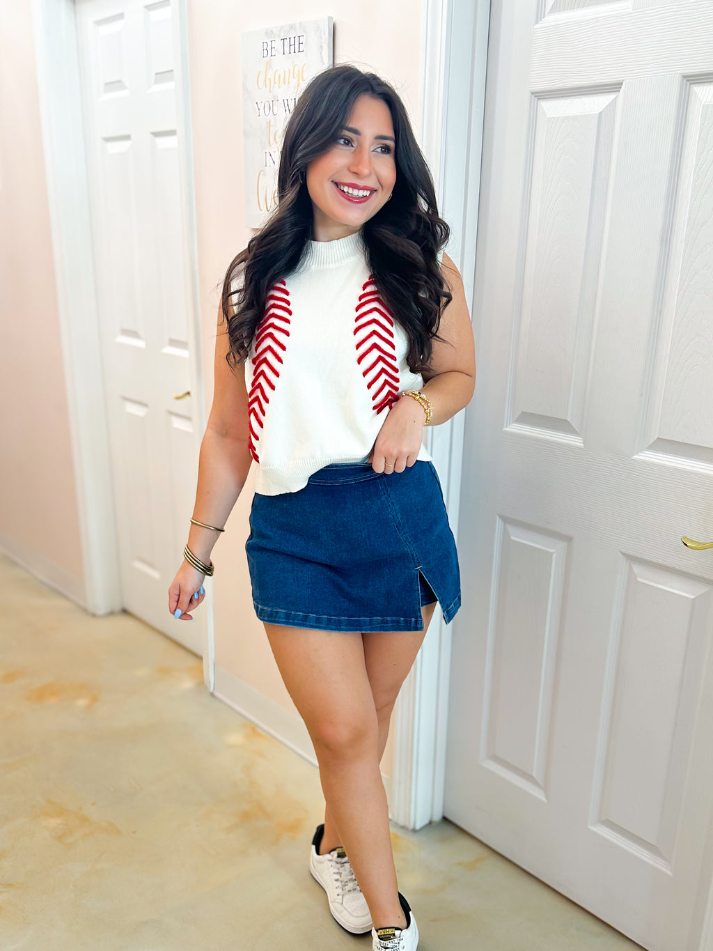 QOS White Baseball Stitch Sweater Vest