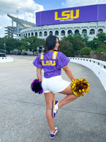 QOS Licensed Purple LSU Cotton Tie Front Jersey Top