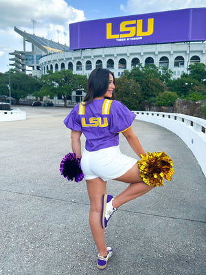 QOS Licensed Purple LSU Cotton Tie Front Jersey Top