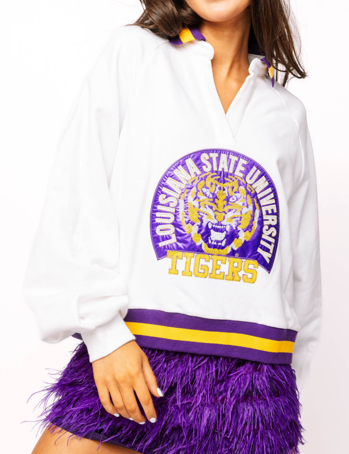QOS Licensed LSU Striped Collar Circular Mascot Sweatshirt