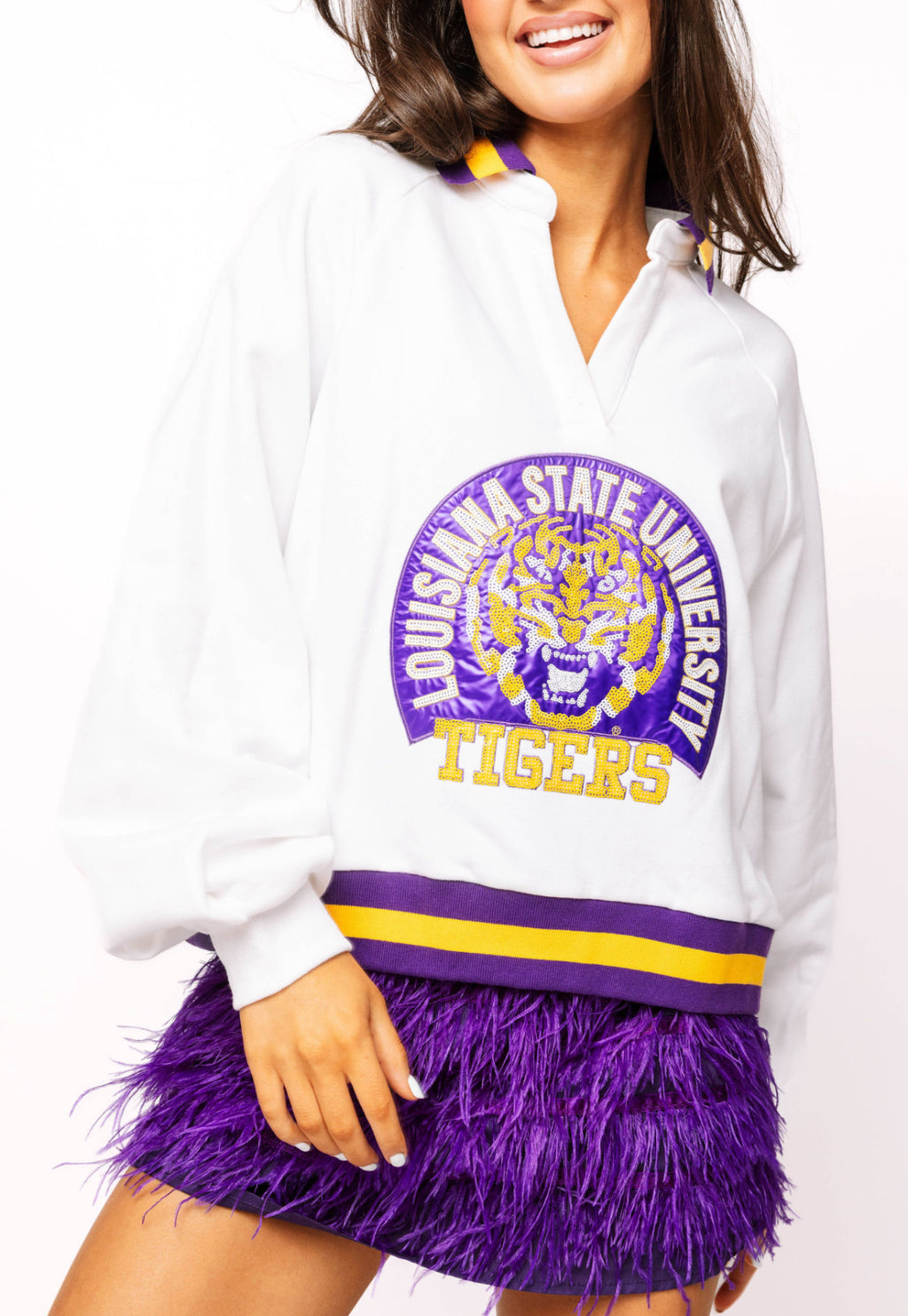 QOS Licensed LSU Striped Collar Circular Mascot Sweatshirt