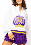 QOS Licensed LSU Striped Collar Circular Mascot Sweatshirt