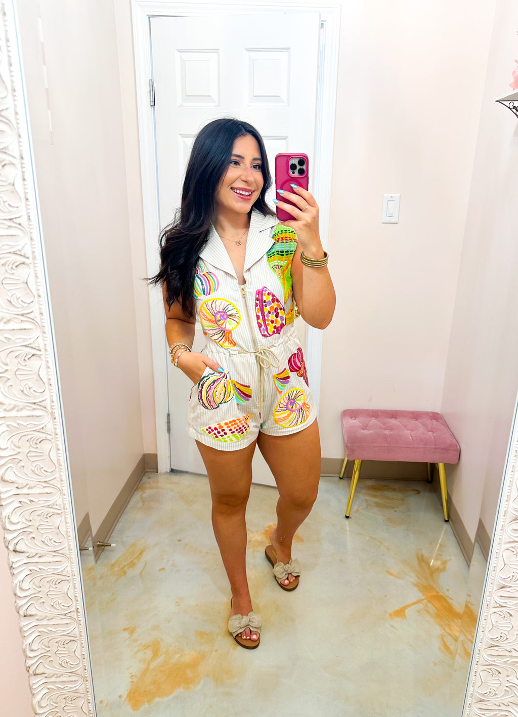 QOS Tan Stripe Multi Shell Tie Collar Romper