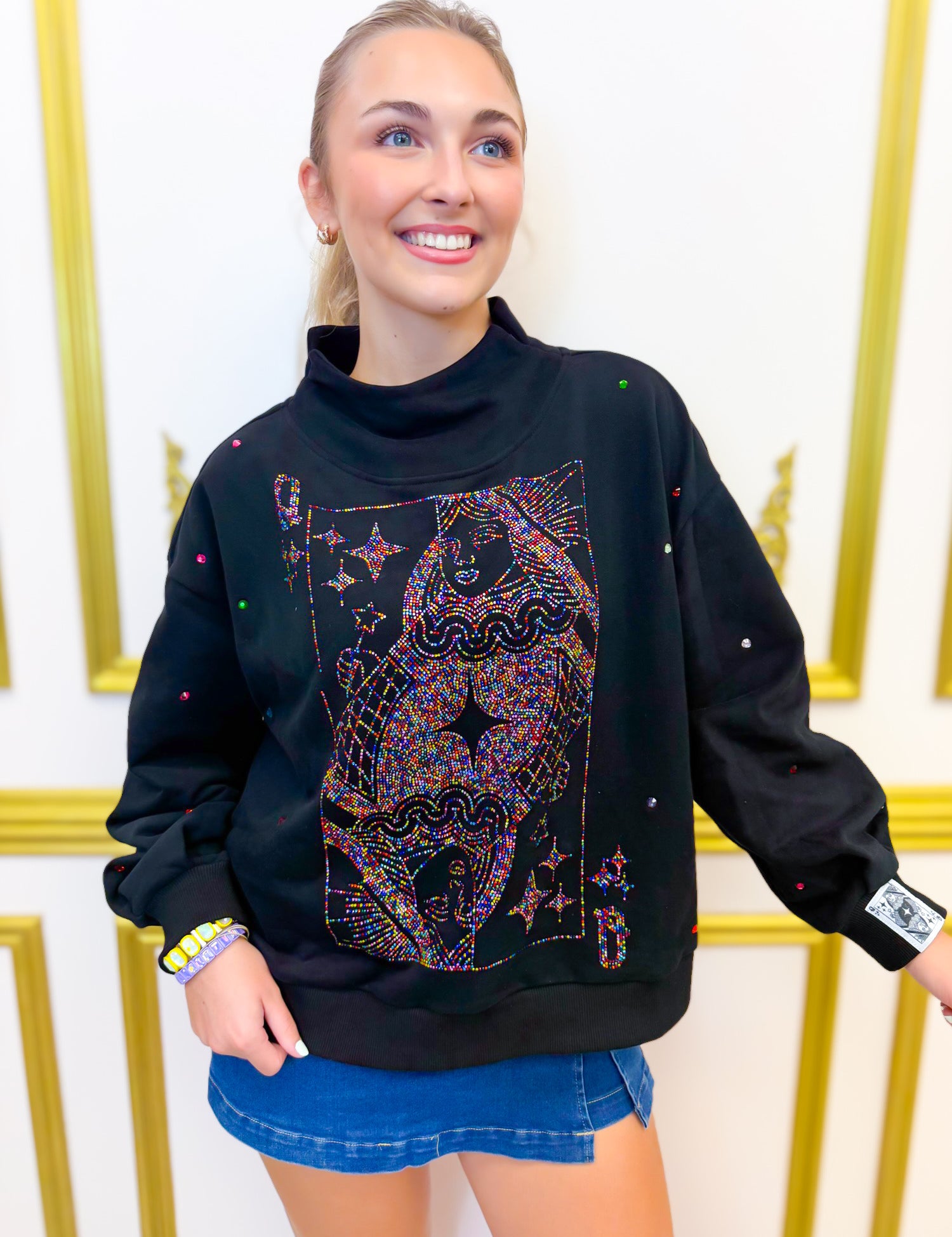 QOS Black Rainbow Rhinestone Card Logo Mock Neck Sweatshirt