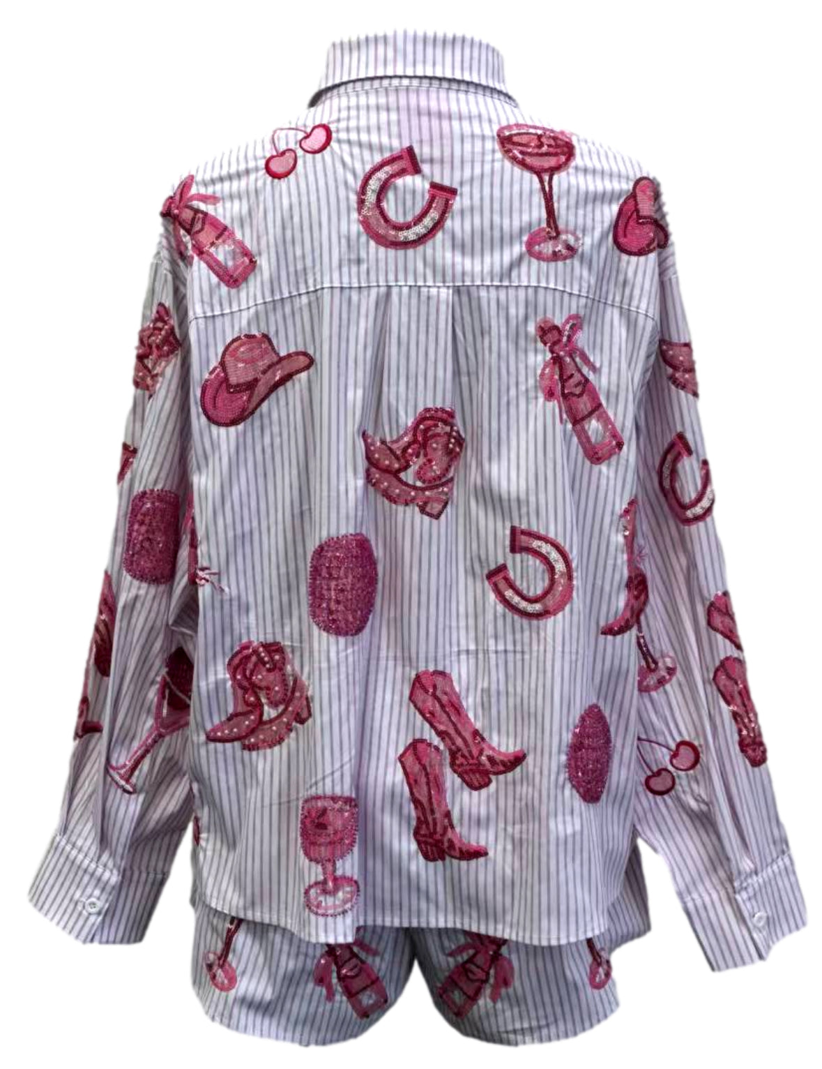 QOS Striped Pink Disco Cowgirl Icon Button Up Collared Top