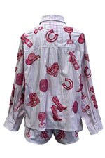 QOS Striped Pink Disco Cowgirl Icon Button Up Collared Top