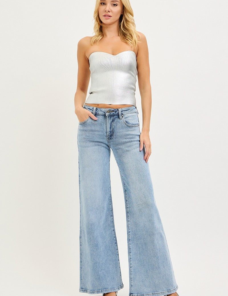 Shimmer Low Rise Wide Leg Jeans - Lurex Light