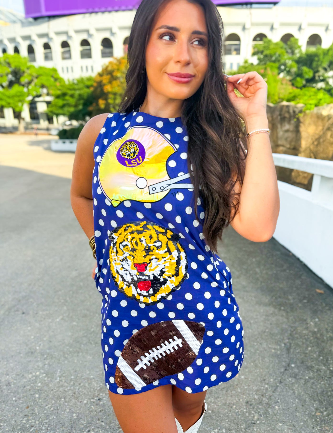 QOS Licensed LSU Football & Helmet Icon Polka Dot Tank Dress