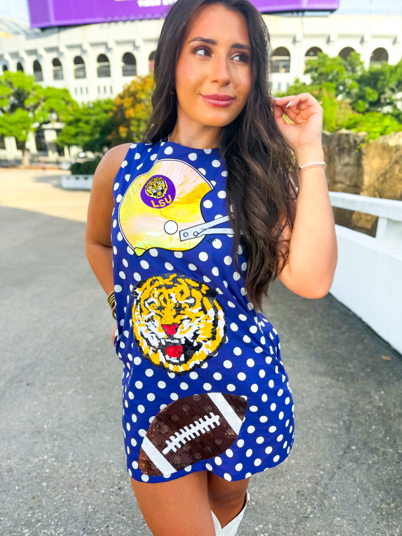 QOS Licensed LSU Football & Helmet Icon Polka Dot Tank Dress – Bayou Belle Boutique