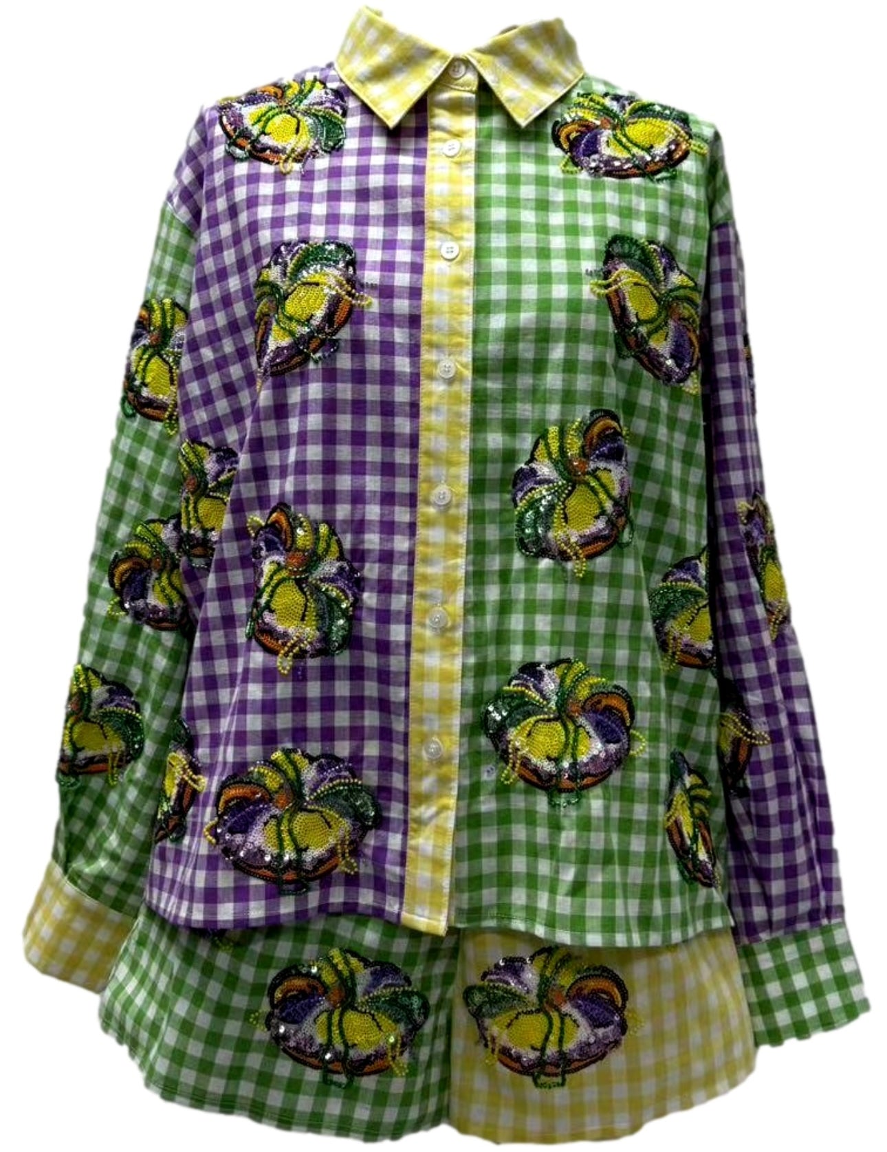 QOS Colorblock Mardi Gras Gingham King Cake Button Up Top