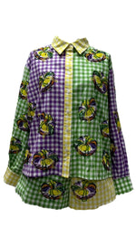 QOS Colorblock Mardi Gras Gingham King Cake Short