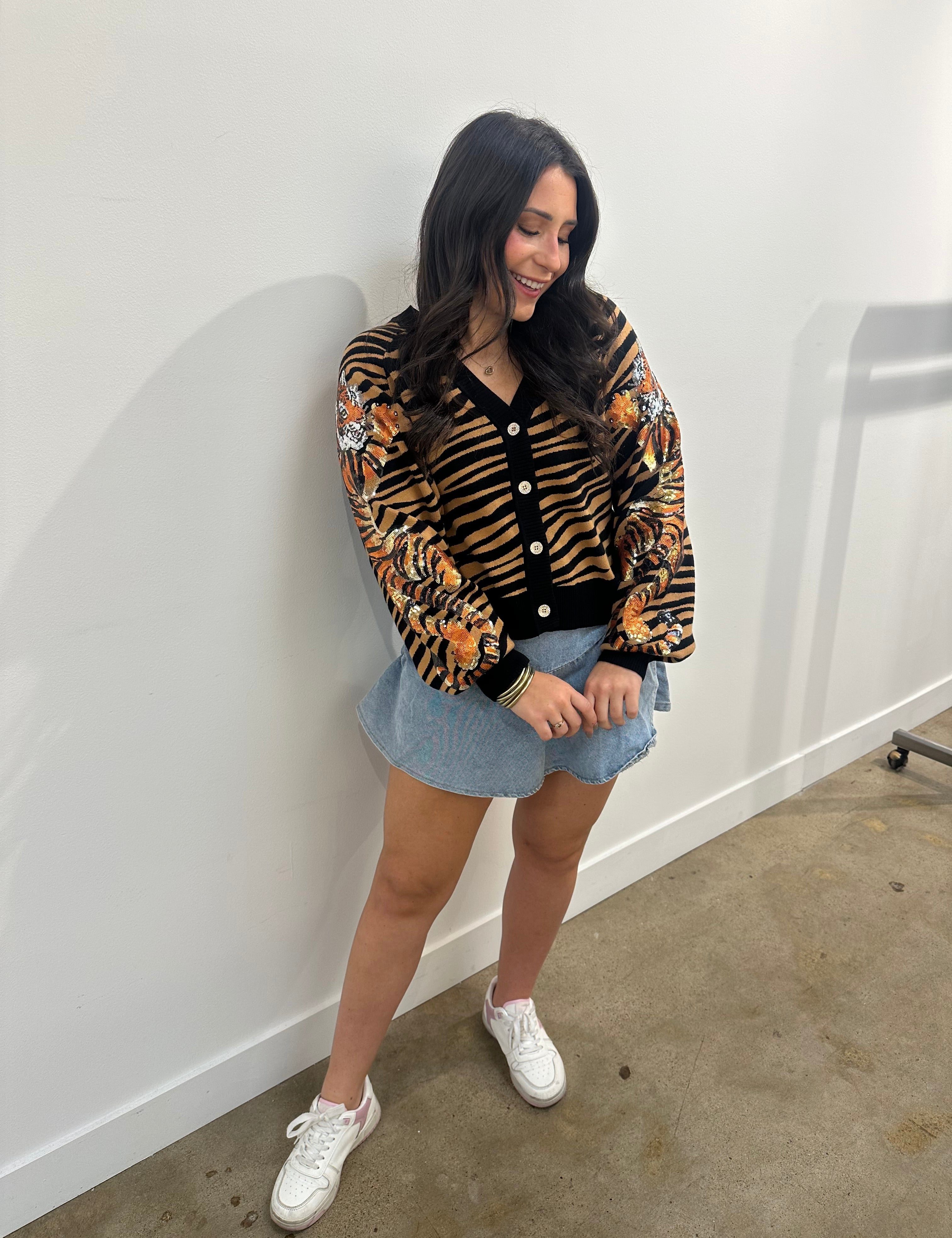 QOS Black & Tan Tiger Stripe Button Up Cardigan With Crawling Tigers
