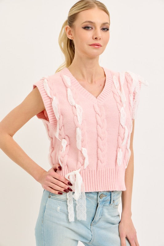 Leading With Lace Sweater Vest Pink