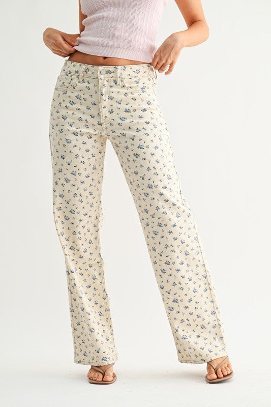 High Rise Vintage Straight Jeans - Floral