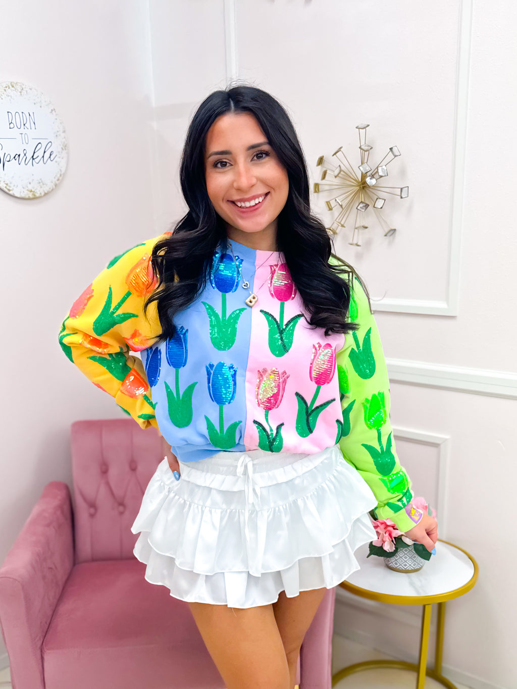 QOS Neon Colorblock Tulip Sweatshirt