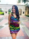 QOS Black Rainbow Tiger Denim V Dress