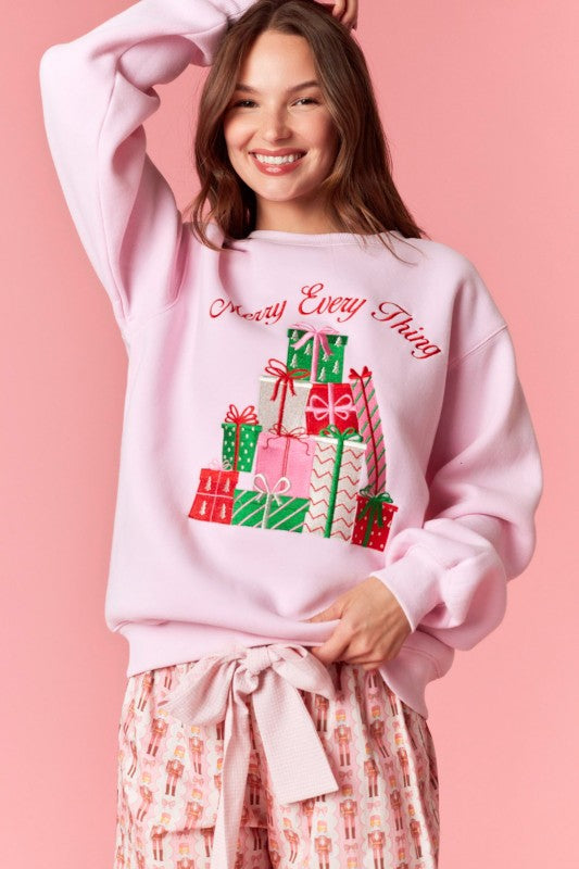 Merry Everything Metallic Sweatshirt Pink