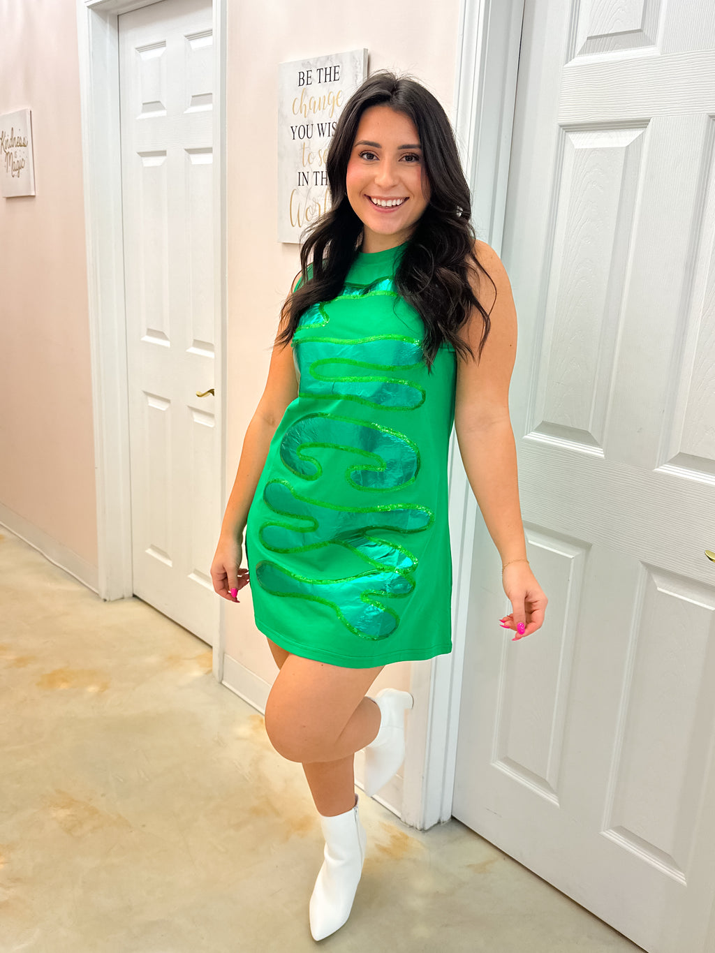 QOS Green Metallic Lucky Tank Dress