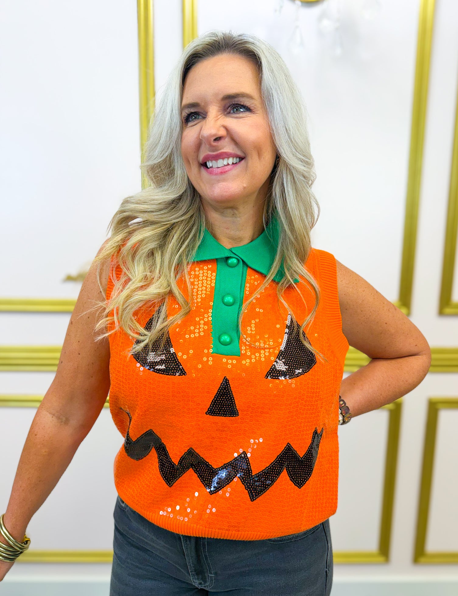 QOS Pumpkin Face Collar Button Up Vest