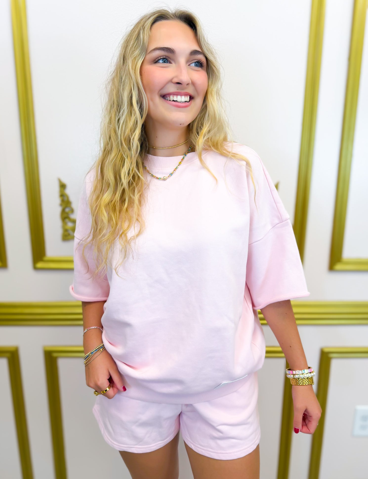 Lulu Mac Short Sleeve Terry Cloth Top - Lt. Pink