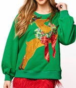 QOS Green Rhinestone Rudolph Wearing A Wreath Sweatshirt