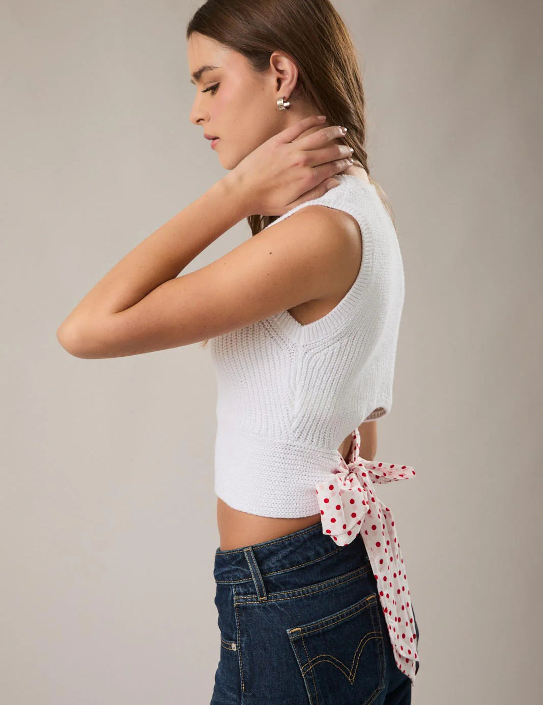Bow Babe Sleeveless Sweater Top - Polka Dot White