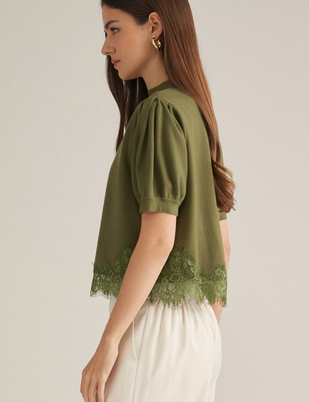 Gracefully Lace Puff Sleeve Top - Olive