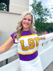QOS Licensed LSU Colorblock Jewel Letter Sweater