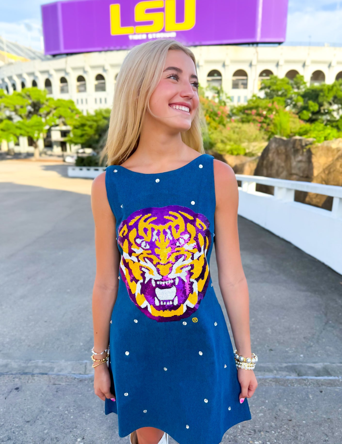 QOS Licensed LSU Scattered Jewel Denim Sequin Mascot Tank Dress