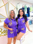 QOS Licensed- Purple & Gold LSU Tiger Head Pocket Button Up Romper