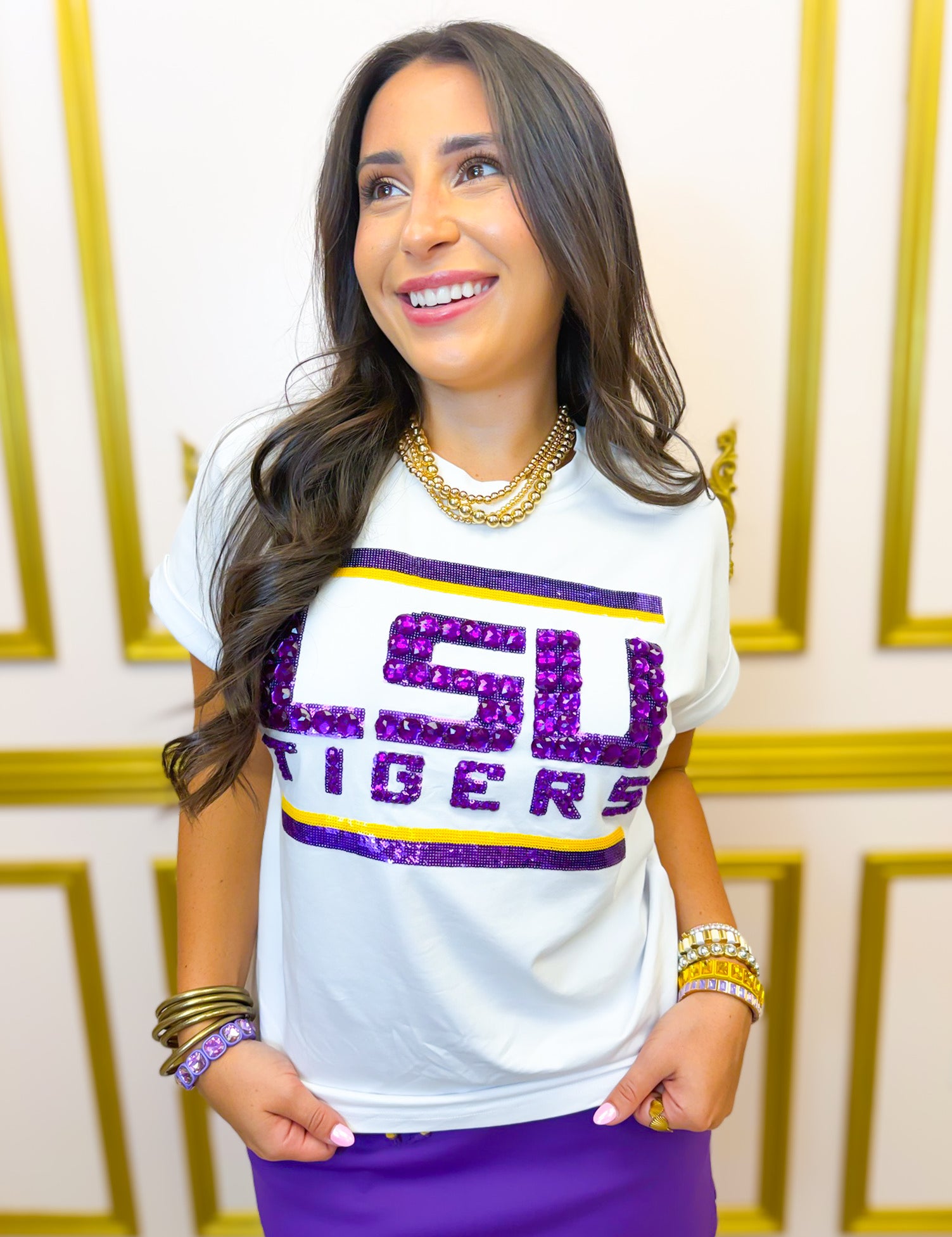 LSU Tigers Licensed Sequin/Jewel Design Cuff Sleeve Top - White
