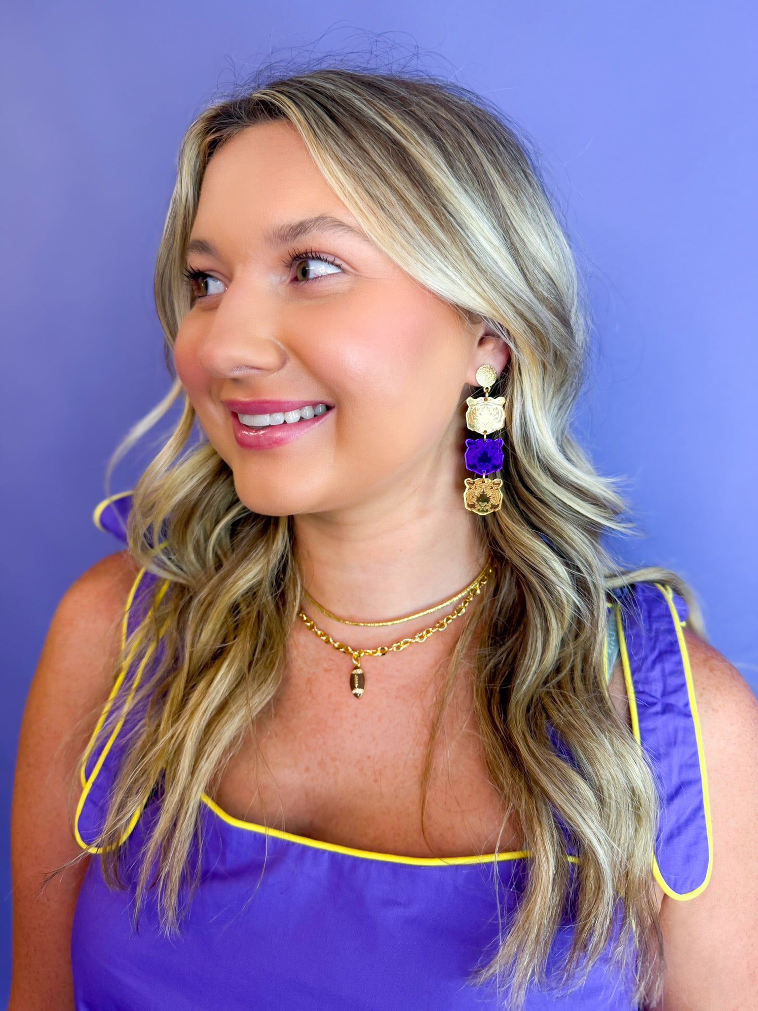 Triple Tiger Head Drops Earring - Purple/Gold