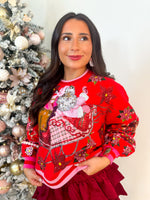 QOS Red & Pink Vintage Poinsettia Santa Sweatshirt