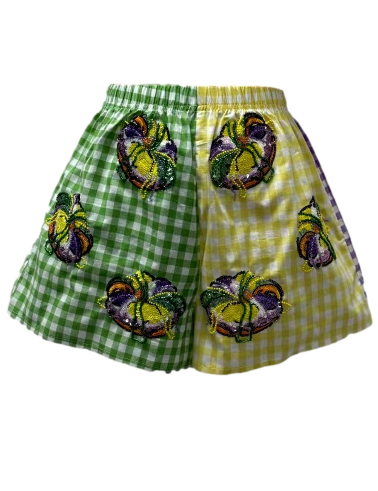 QOS Colorblock Mardi Gras Gingham King Cake Short