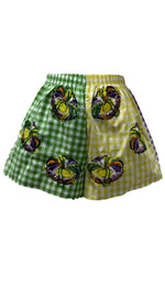 QOS Colorblock Mardi Gras Gingham King Cake Short