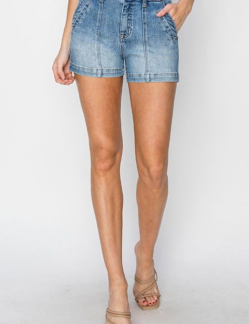 High Rise Front Seam Detail Shorts - Medium Wash