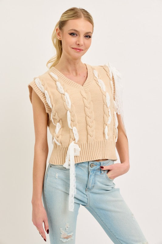 Leading With Lace Sweater Vest Beige