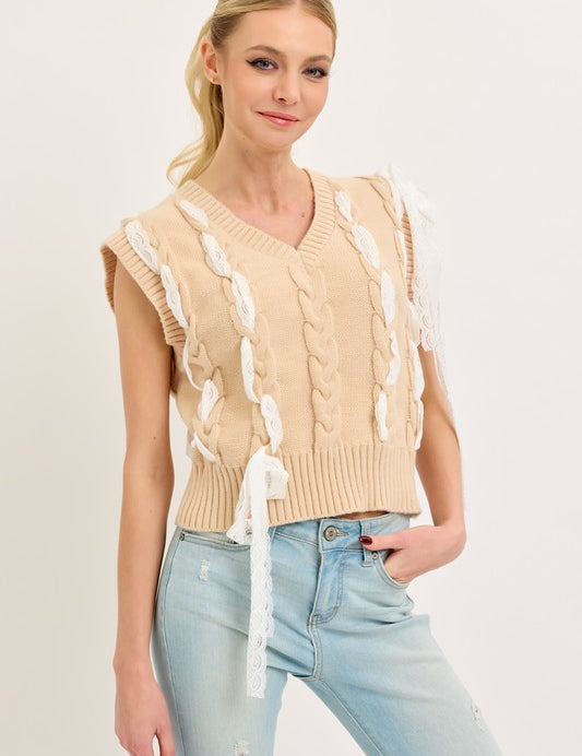 Leading With Lace Sweater Vest - Beige