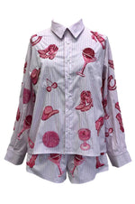 QOS Striped Pink Disco Cowgirl Icon Button Up Collared Top
