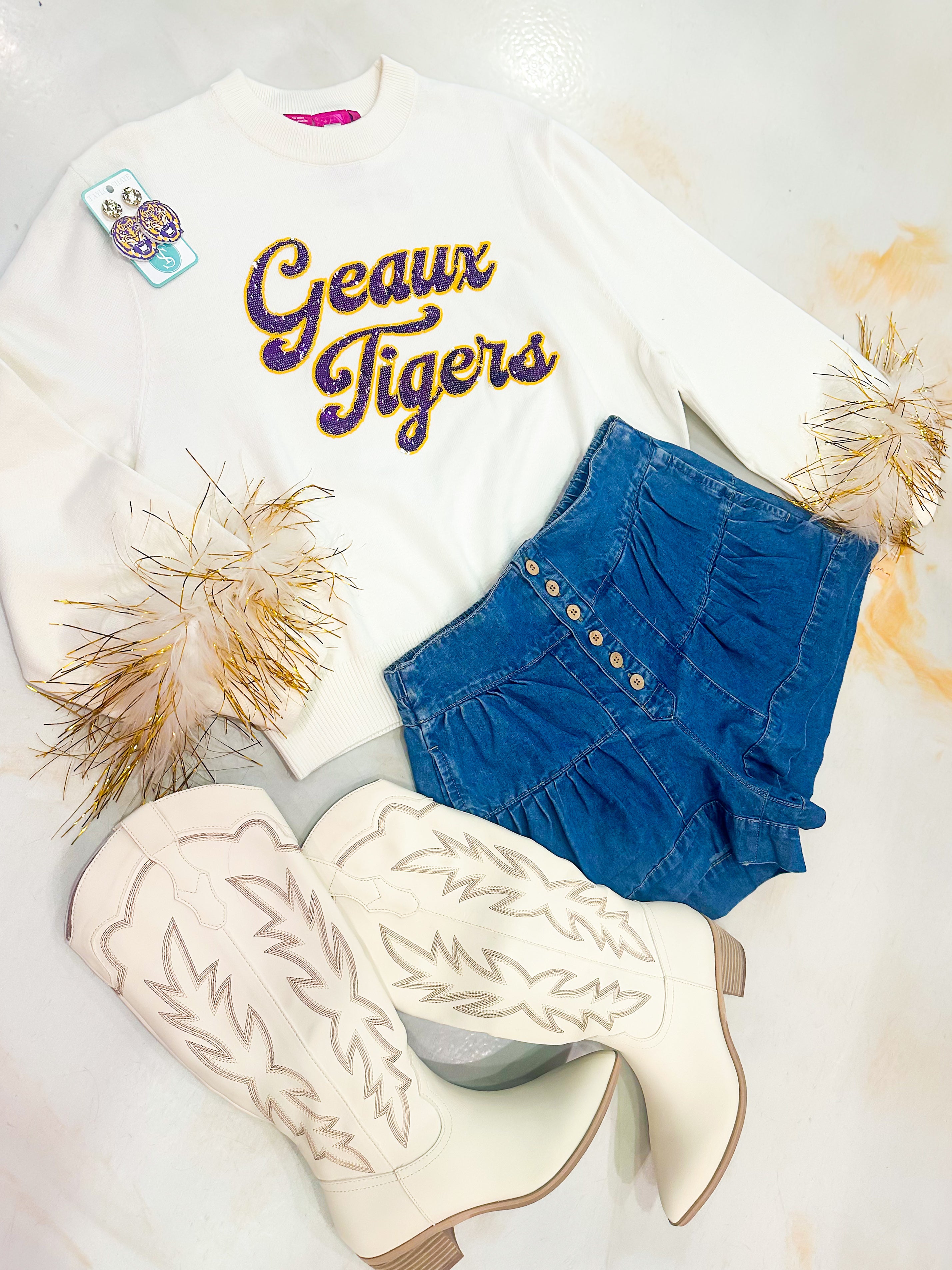 QOS Licensed LSU Feather Sleeve Sweater