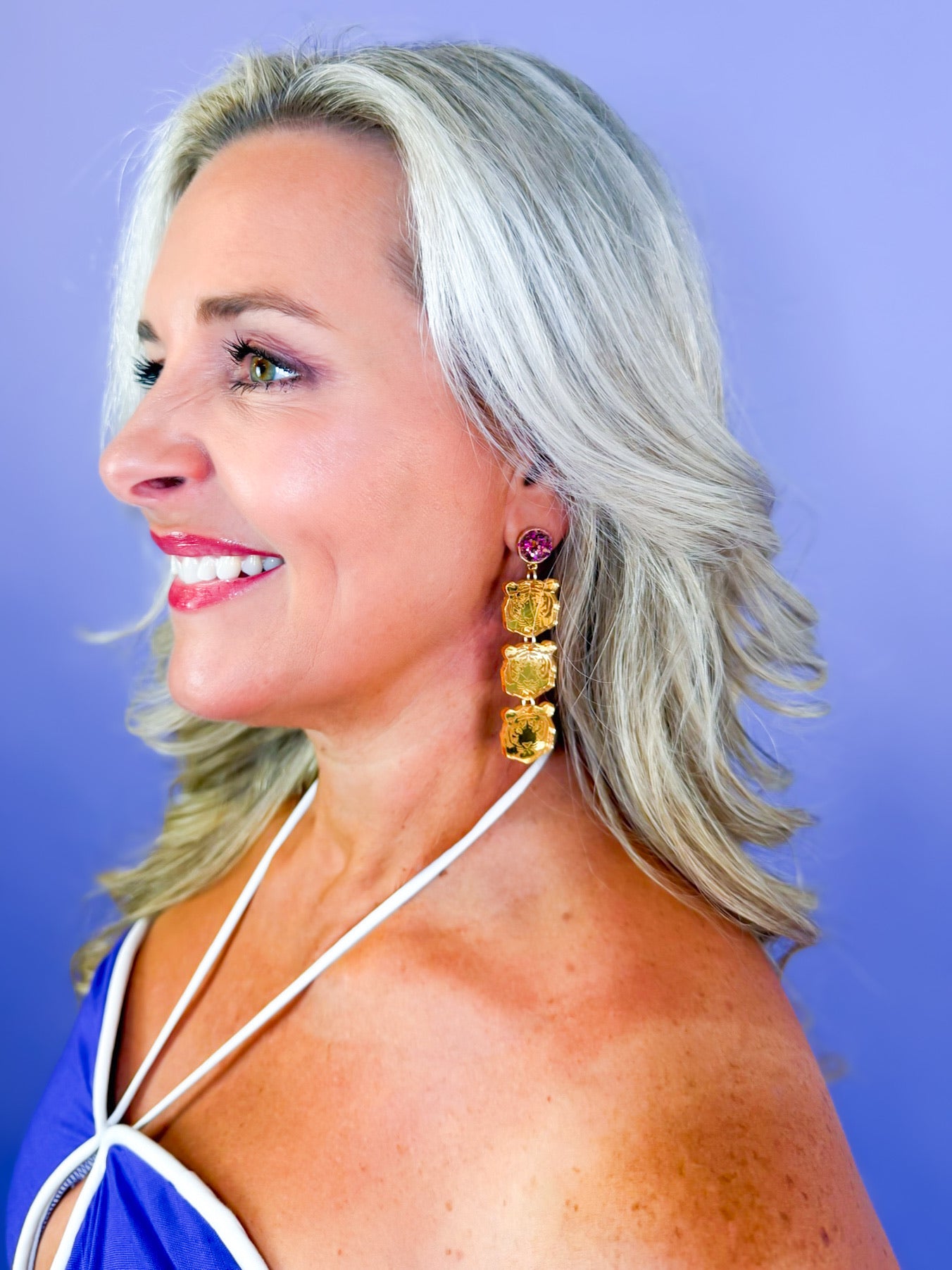 Triple Tiger Head Drops Earring - Gold