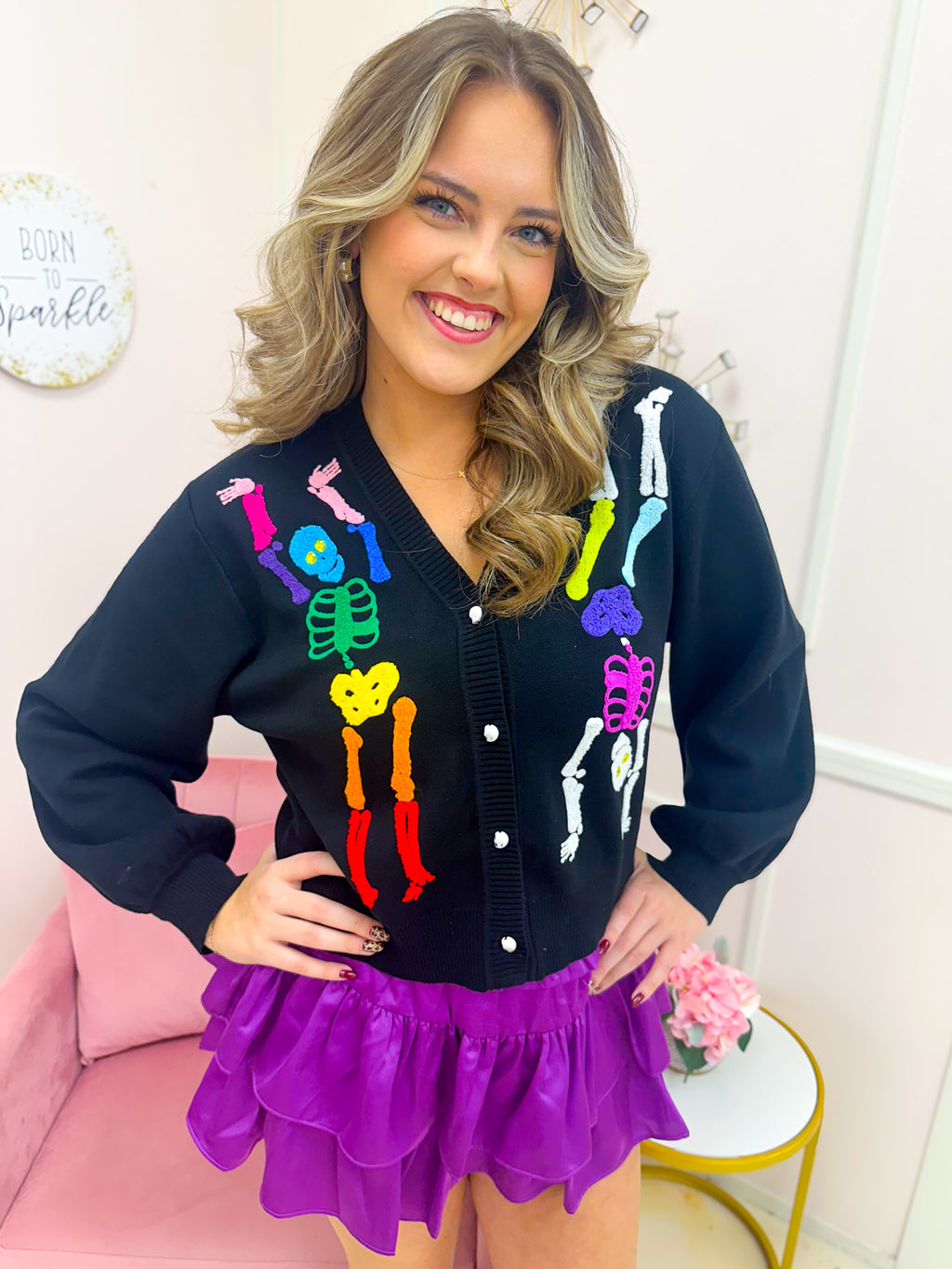QOS Black Rainbow Skeleton Button Up Cardigan