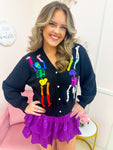 QOS Black Rainbow Skeleton Button Up Cardigan