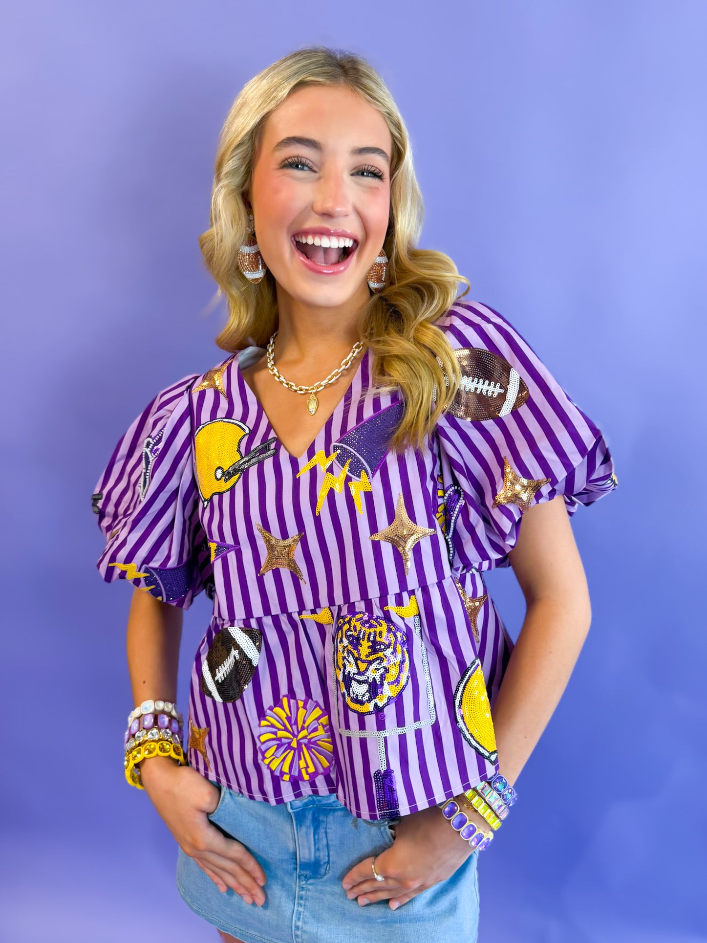 QOS Licensed LSU Striped Sparkle Gameday Bubble Sleeve Cotton Ruffle Top