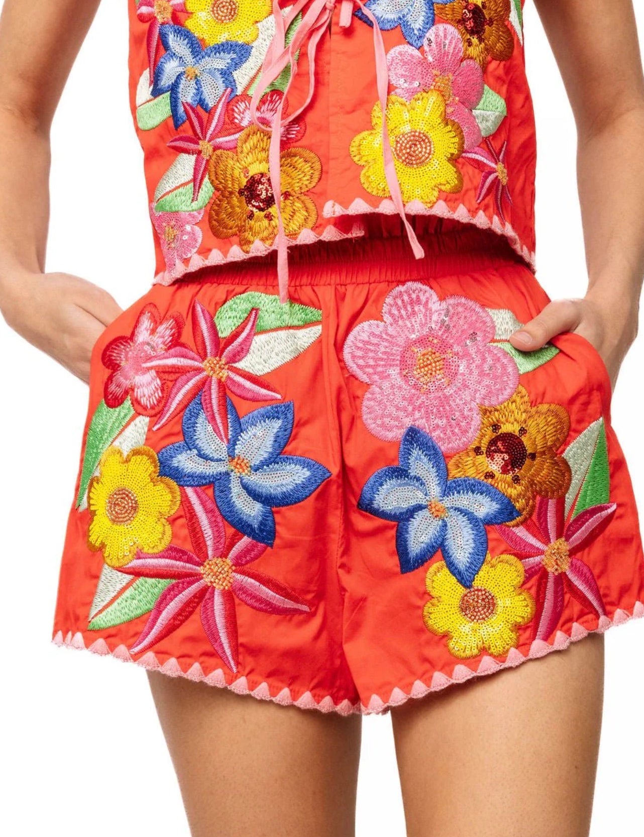 QOS Orange & Pink Embroidered Trim Multi Flower Cotton Short
